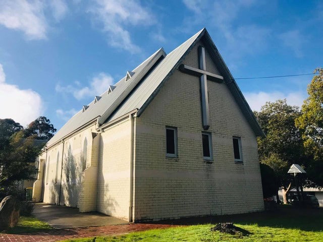 Bunbury Catholic Diocese church building with a large cross on the front.