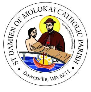 St. Damien of Molokai Catholic Parish logo with a saint and boat imagery.