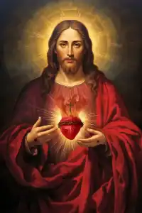 Religious artwork of Jesus Christ holding a sacred heart with a cross and glowing aura.