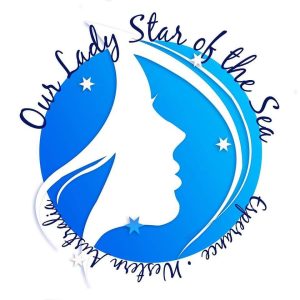 Our Lady Star of the Sea logo with a blue and white design and a crescent moon.