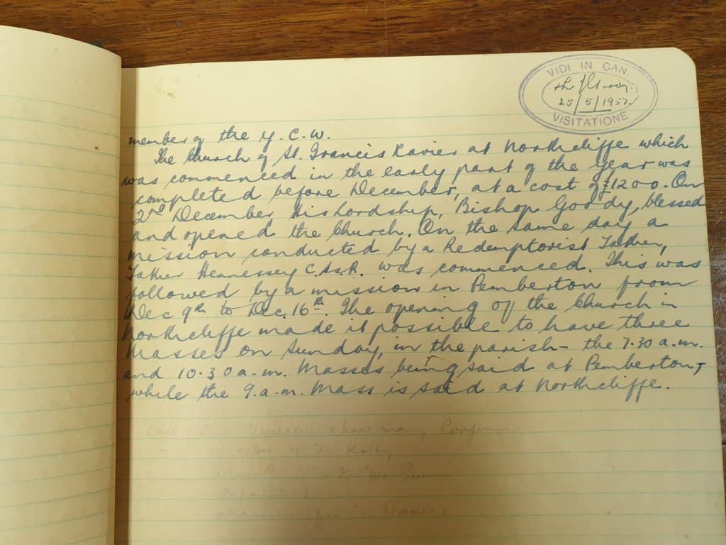 Church bulletin page with handwritten notes and a stamp from 1952.