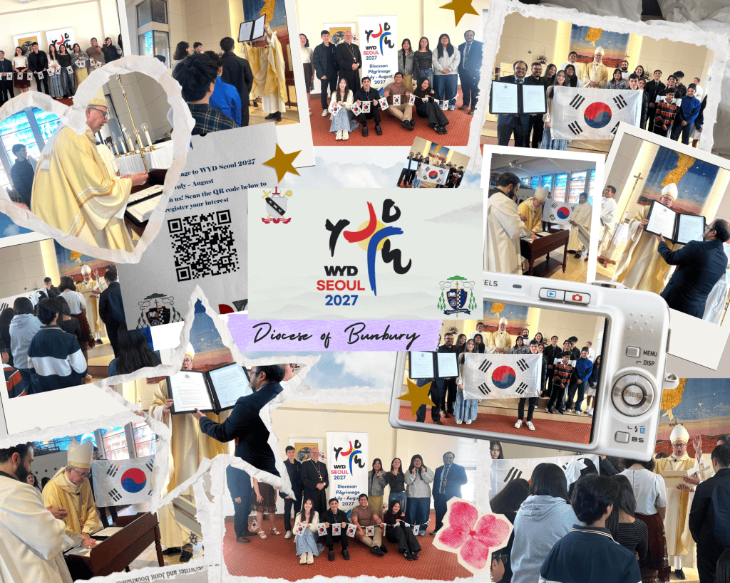 Bunbury Catholic youth at WYD Seoul 2027 with flags and group photos.