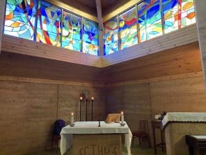 Colourful stained glass windows in Bunbury Catholic Diocese chapel.