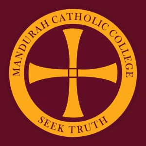 Mandurah Catholic College emblem with cross and motto Seek Truth.