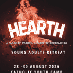 Hearth youth retreat poster with fire and event details for Catholic youth camp.